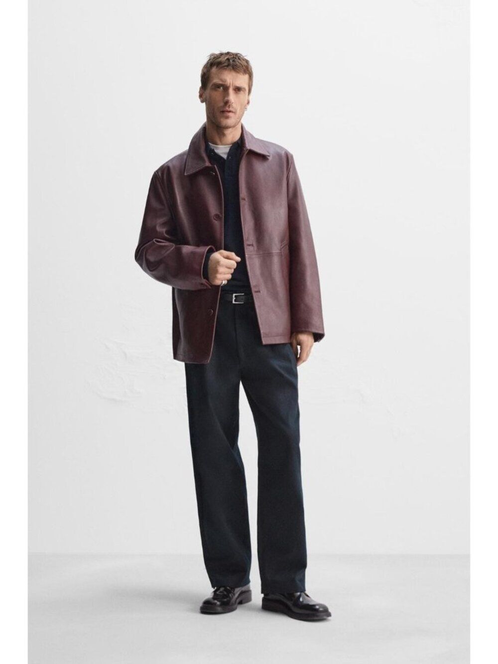 Zara Mens Leather Jacket Small S Burgundy 46 Relaxed Vintage look 2521/769 NWT
